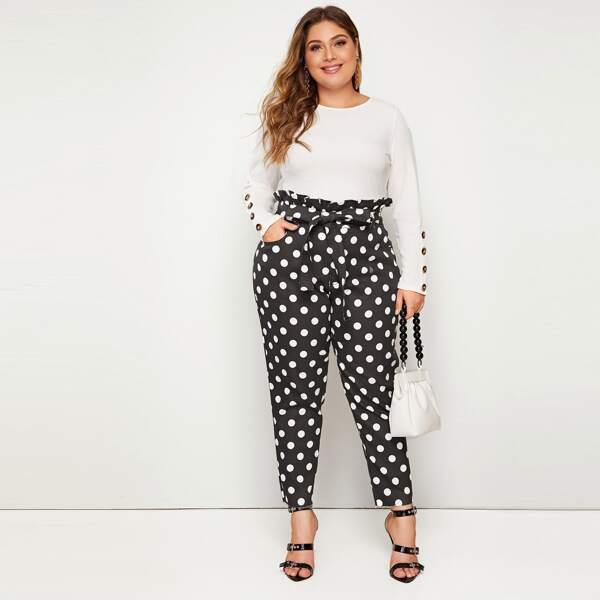 

Plus Paperbag Waist Polka Dot Belted Jeans, Black