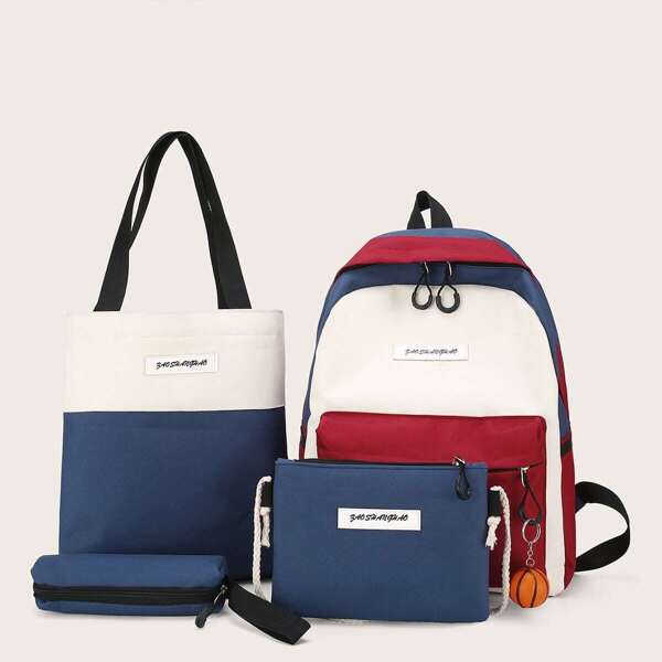 

Color Block Backpack With Pencil Case 4pcs, Multicolor