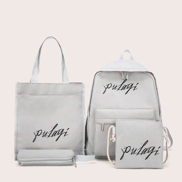 

Letter Print Backpack With Pencil Case 4pcs, Grey