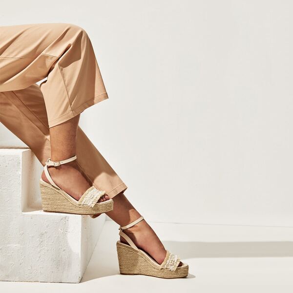 

Fringe Decor Ankle Strap Espadrille Wedges
