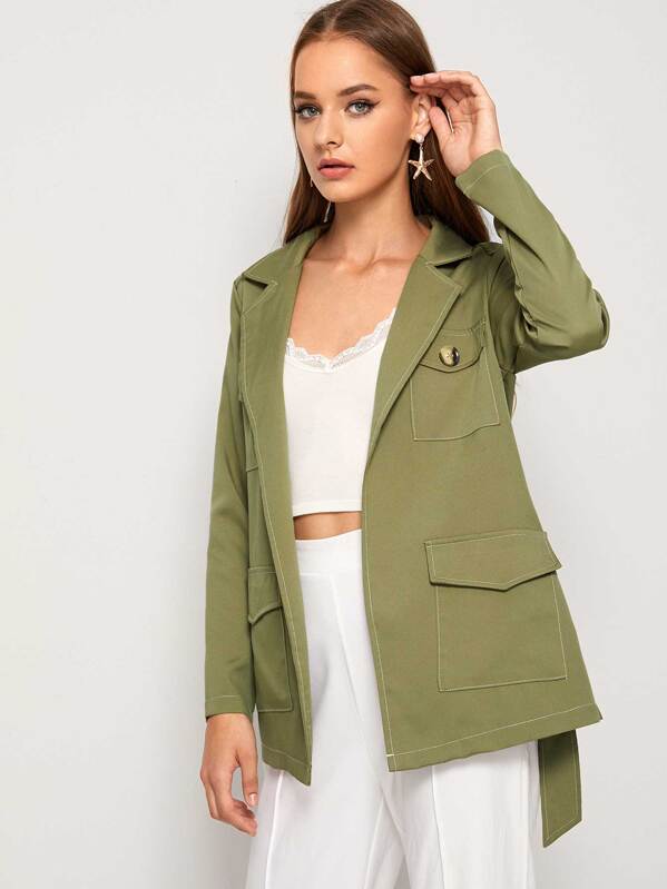 

Lapel Collar Flap Pocket Belted Coat, Army green, April