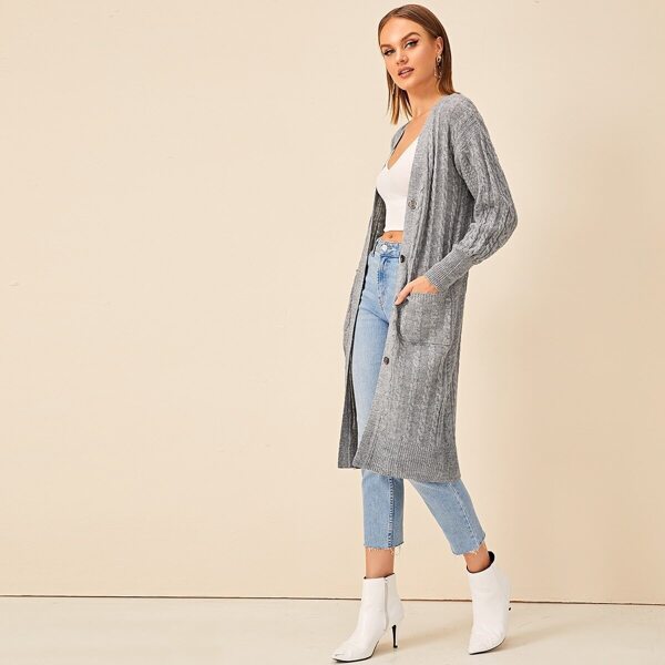 

Button Through Cable Knit Longline Cardigan, Grey