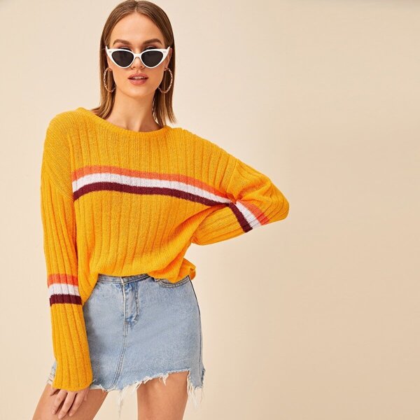 

Striped Dropped Shoulder Round Neck Sweater, Yellow