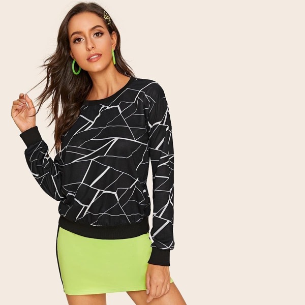 

Geometric Print Round Neck Sweatshirt, Black