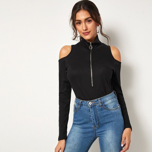

Zipper Cold Shoulder Stand Collar Tee