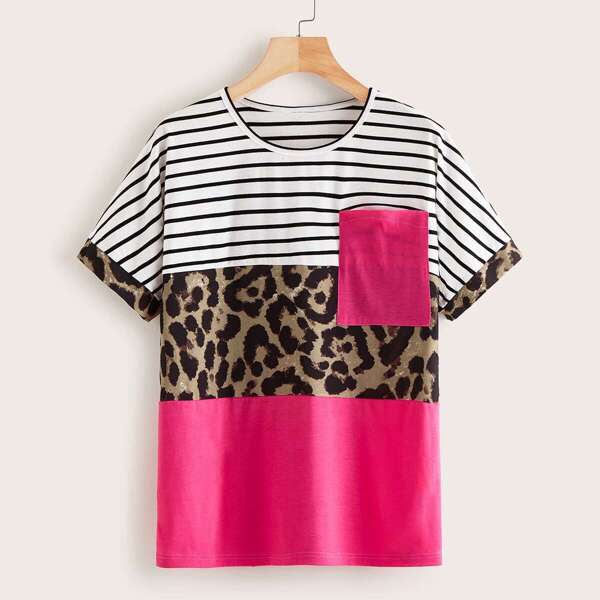 

Contrast Stripe And Leopard Print Tee, Multicolor