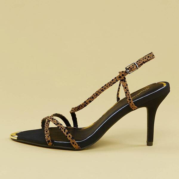 

Buckled Ankle Asymmetric Leopard Strap Heels, Multicolor