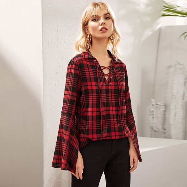 

Lace Up Cloak Sleeve Plaid Blouse, Red