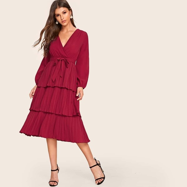 

Layered Pleated Hem Belted Surplice Dress