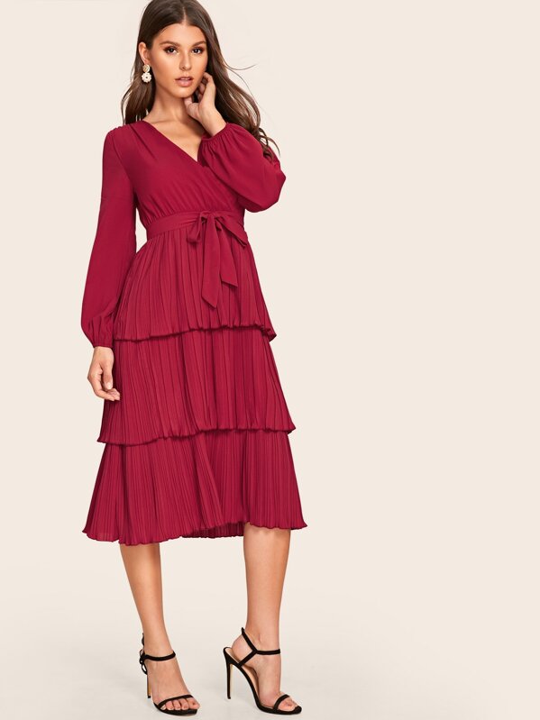 

Layered Pleated Hem Belted Surplice Dress, Burgundy, Isa