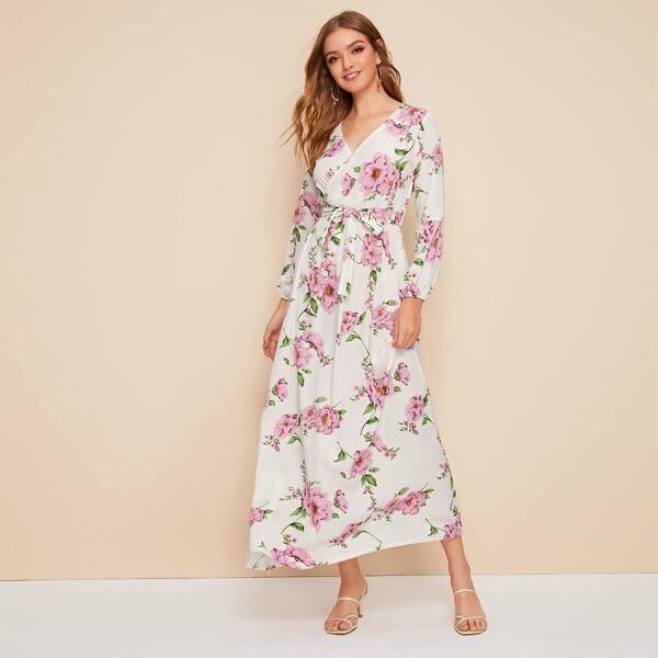 

Large Floral Print Belted Surplice Dress, White