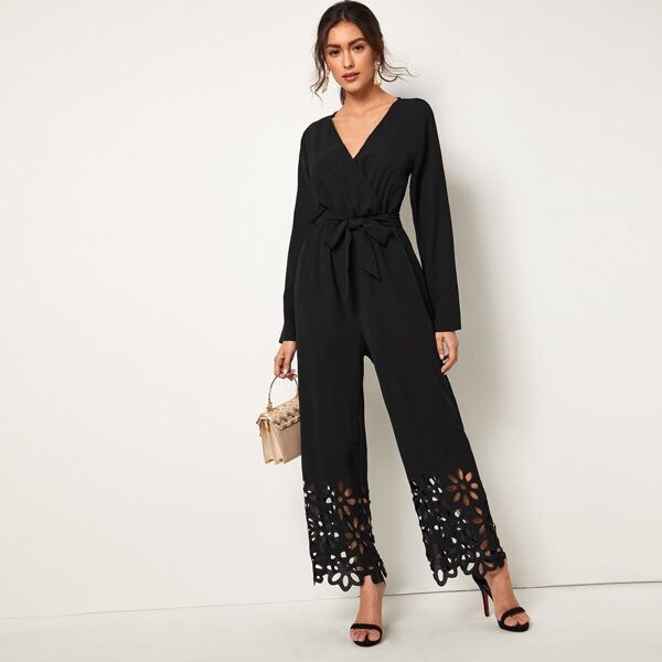 

Laser Cut Out Surplice Belted Jumpsuit