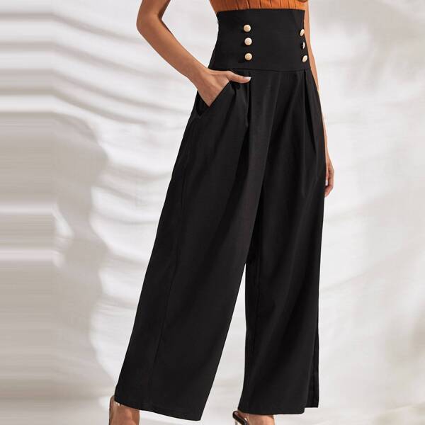 

Double Button High Waist Wide Leg Pants, Black