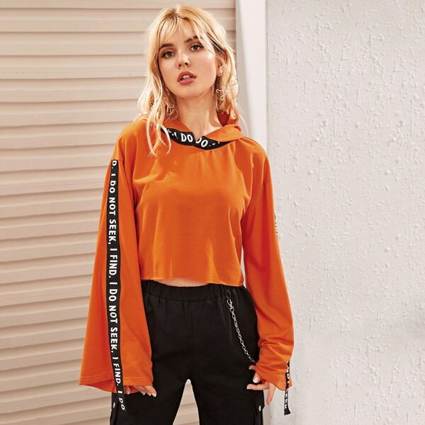 

Neon Orange Letter Tape Crop Hoodie, Orange bright