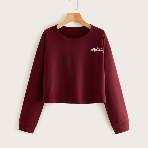 

Drop Shoulder Outline Mountain Graphic Crop Sweatshirt, Burgundy