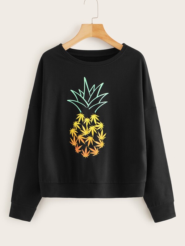 

Drop Shoulder Pineapple Print Sweatshirt, Black