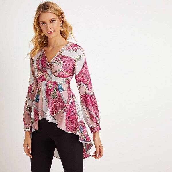 

Scarf High Low Hem Wrap Peplum Top, Pink