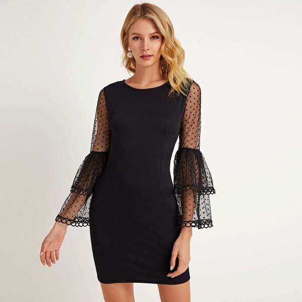 

Dot Mesh Flounce Sleeve Bodycon Dress