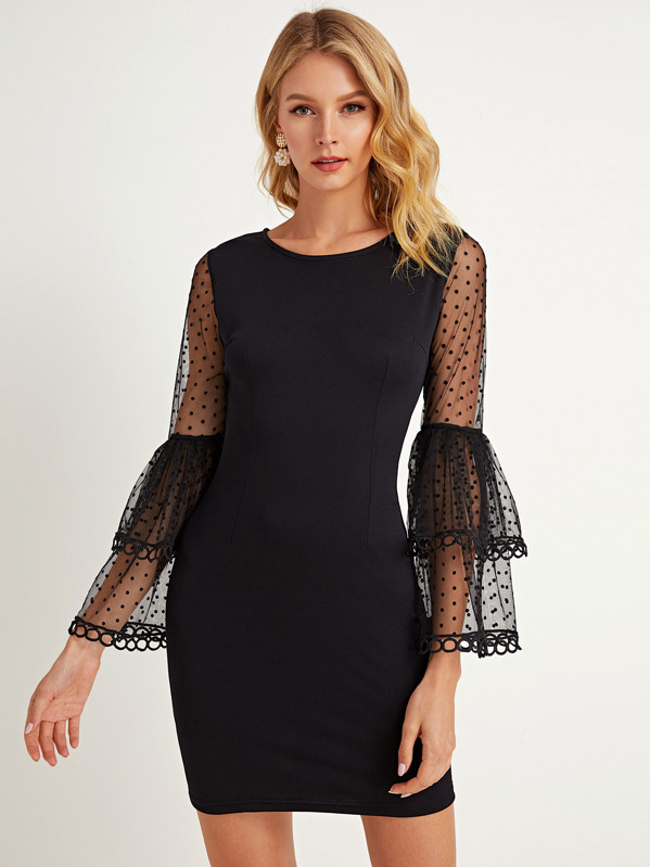 

Dot Mesh Flounce Sleeve Bodycon Dress, Black, Layson
