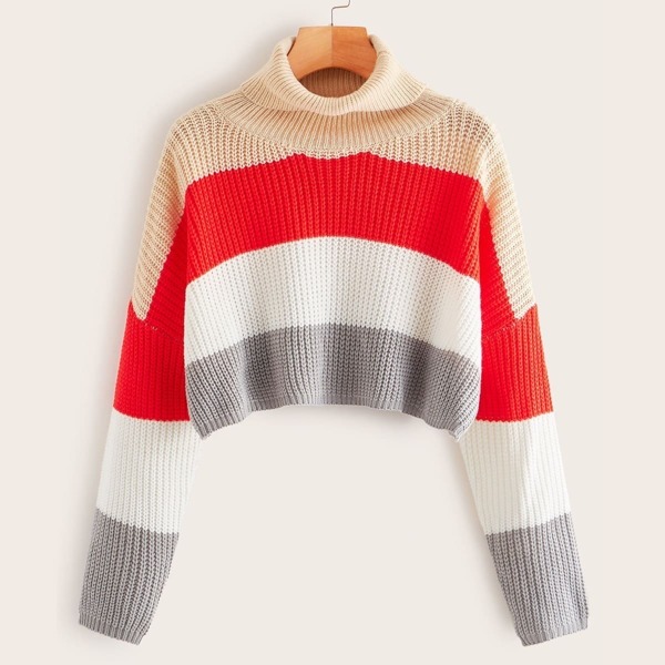 

Colorblock High Neck Crop Sweater, Multicolor