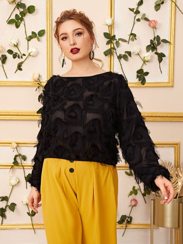 

Plus Solid Feather Fringe Blouse, Black, Nora
