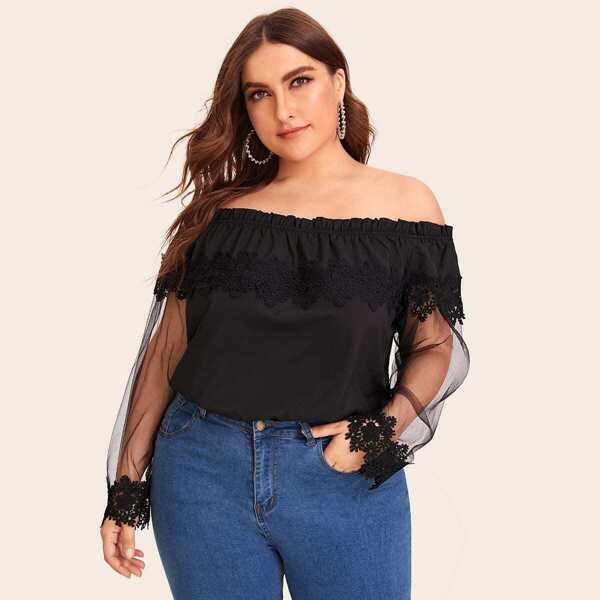 Plus Contrast Mesh & Lace Bardot Blouse