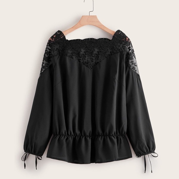 

Plus Solid Contrast Lace Elastic Waist Blouse, Black