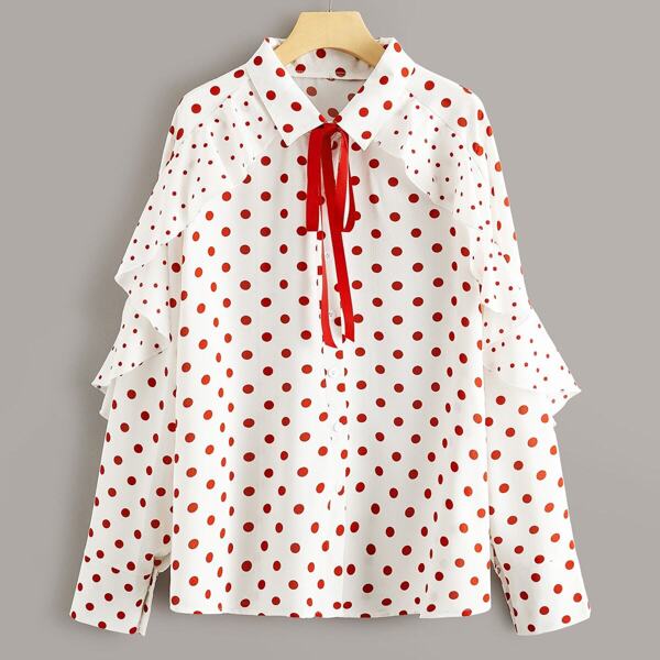 

Plus Polka Dot Tie Neck Ruffle Trim Blouse, White