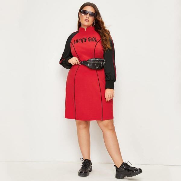 

Plus Contrast Panel Letter Print Dress Without Bag, Red