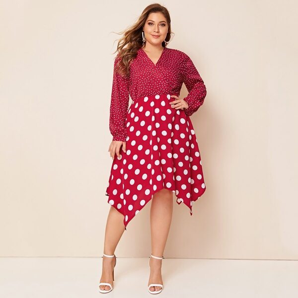 

Plus Polka Dot V-neck Hanky Hem Dress, Red