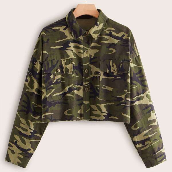 

Plus Camo Print Flap Pocket Front Jacket, Multicolor