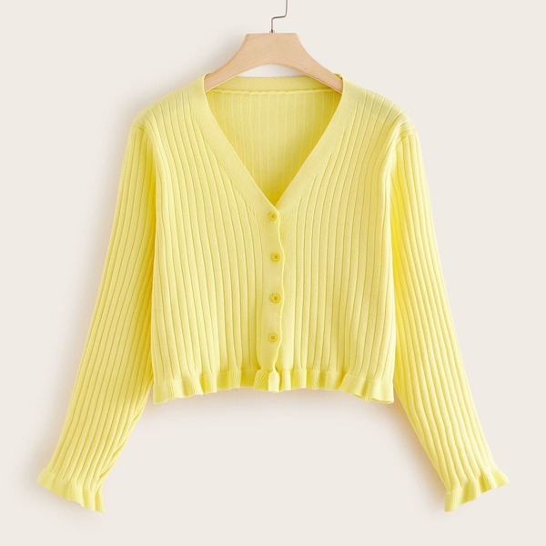 

Plus Solid Button Through Frill Hem Cardigan, Yellow pastel