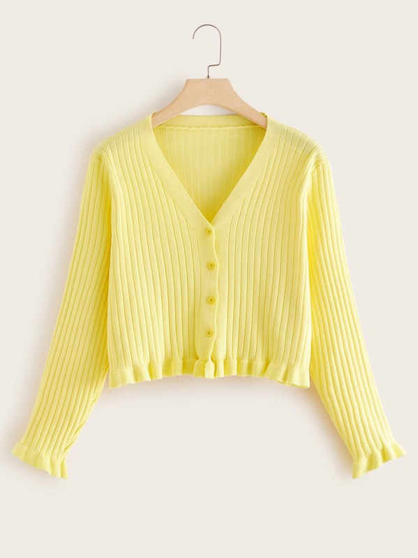 

Plus Solid Button Through Frill Hem Cardigan, Yellow