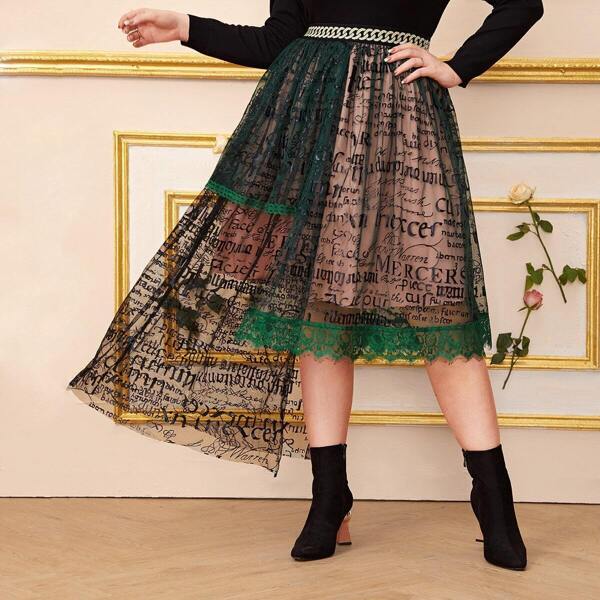 

Plus Mesh Overlay Asymmetrical Hem Skirt, Multicolor