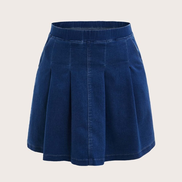 

Plus Solid Pleated Denim Skirt, Blue