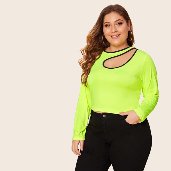 

Plus Neon Lime Contrast Binding Asymmetrical Neck Tee