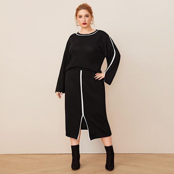 

Plus Contrast Binding Sweater & Slit Hem Sweater Skirt, Black
