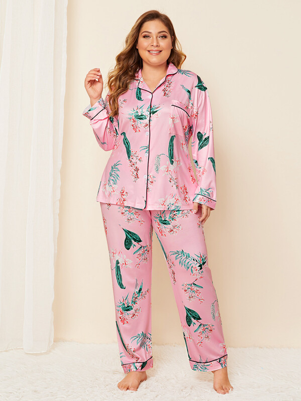 

Plus Random Floral Button Front Pajama Set, Pink