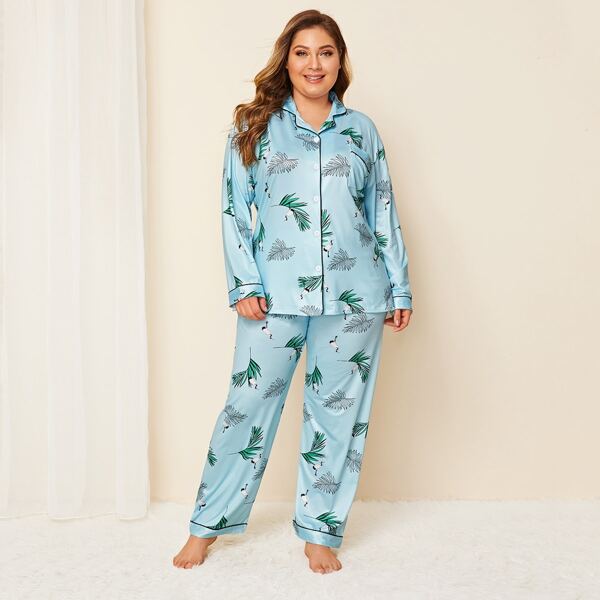 

Plus Tropical & Crane Print Pajama Set, Blue pastel