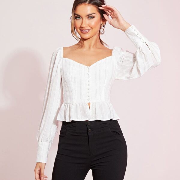 

Covered Button Peplum Blouse, White
