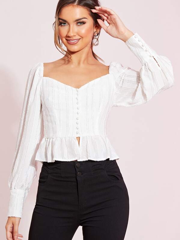 

Covered Button Peplum Blouse, White, Sara Baig