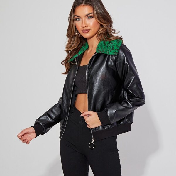 

Leopard Collar PU Zipper Jacket, Black
