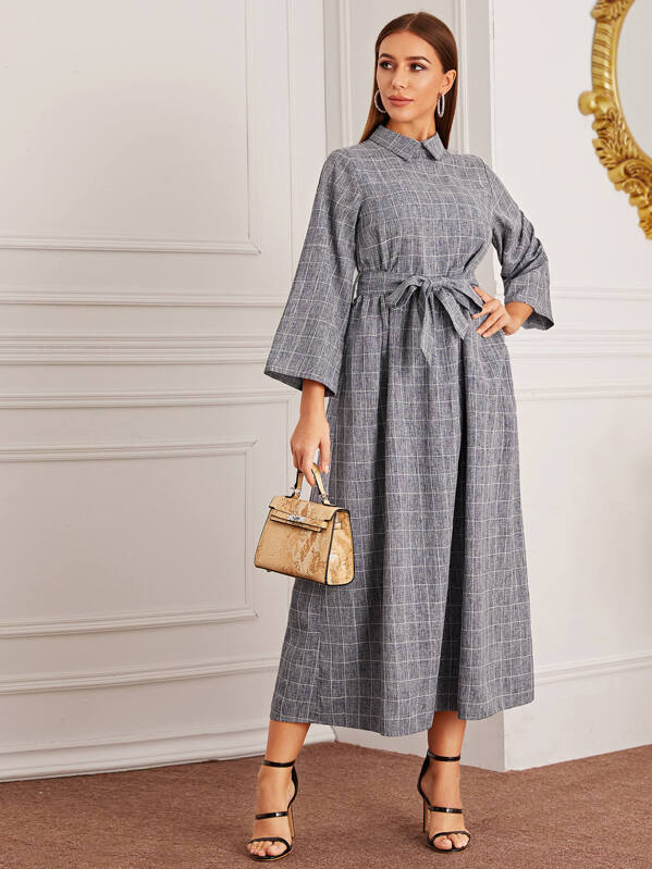 

Grid Plaid Self Tie Tunic Dress, Grey, Hanna