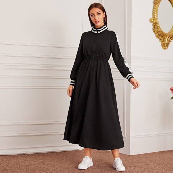 

Metallic Panel Striped Neck Half Zipper Sweatshirt Dress, Black