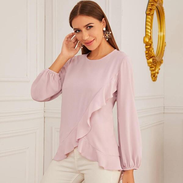 

Solid Ruffle Trim Tulip Blouse