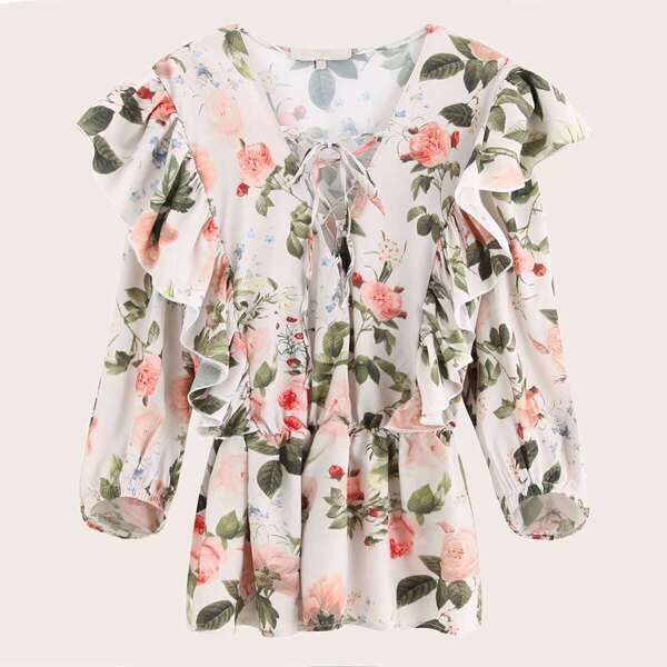 

Floral Print Lace Up Peplum Blouse