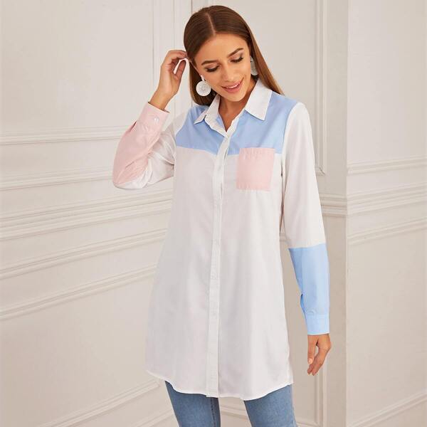 

Contrast Panel Button Through Longline Blouse, White