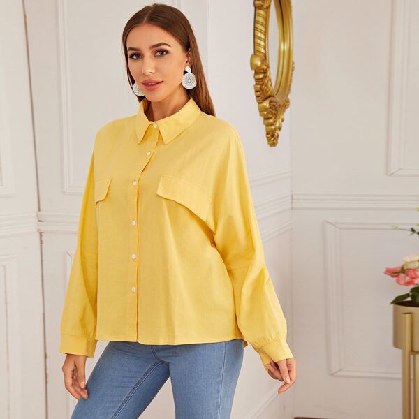

Solid Fake Flap Pockets Blouse, Yellow