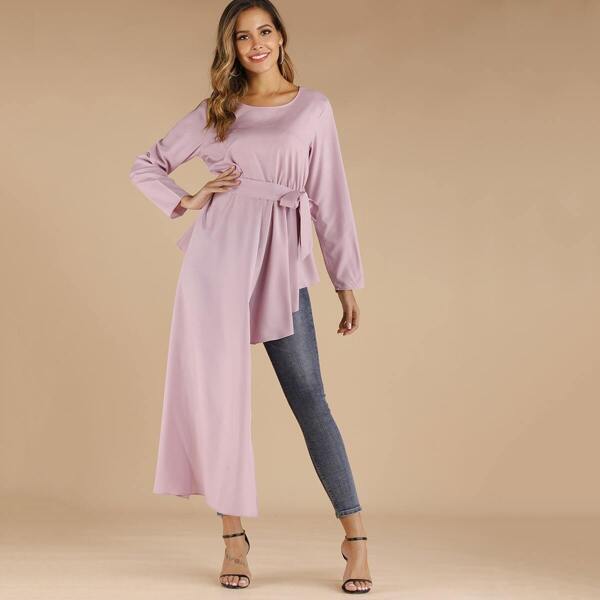 

Self Tie Asymmetrical Longline Blouse, Pink