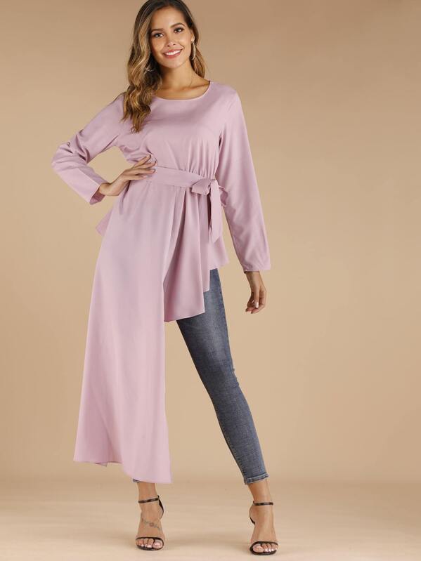 

Self Tie Asymmetrical Longline Blouse, Pink, Hanna